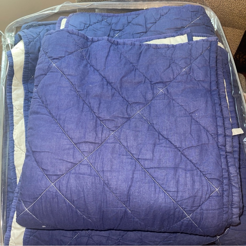 Pottery barn Kids Full/Queen Organic Cotton Quilt Euro Shams Navy Blue Revesible